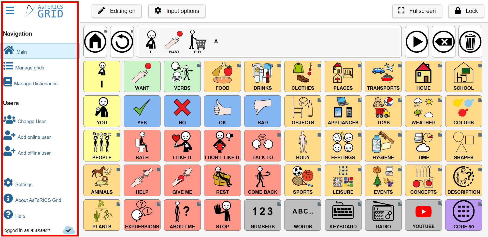 AsTeRICS Grid Communicator – 3 – Main Menu – Aula abierta de ARASAAC