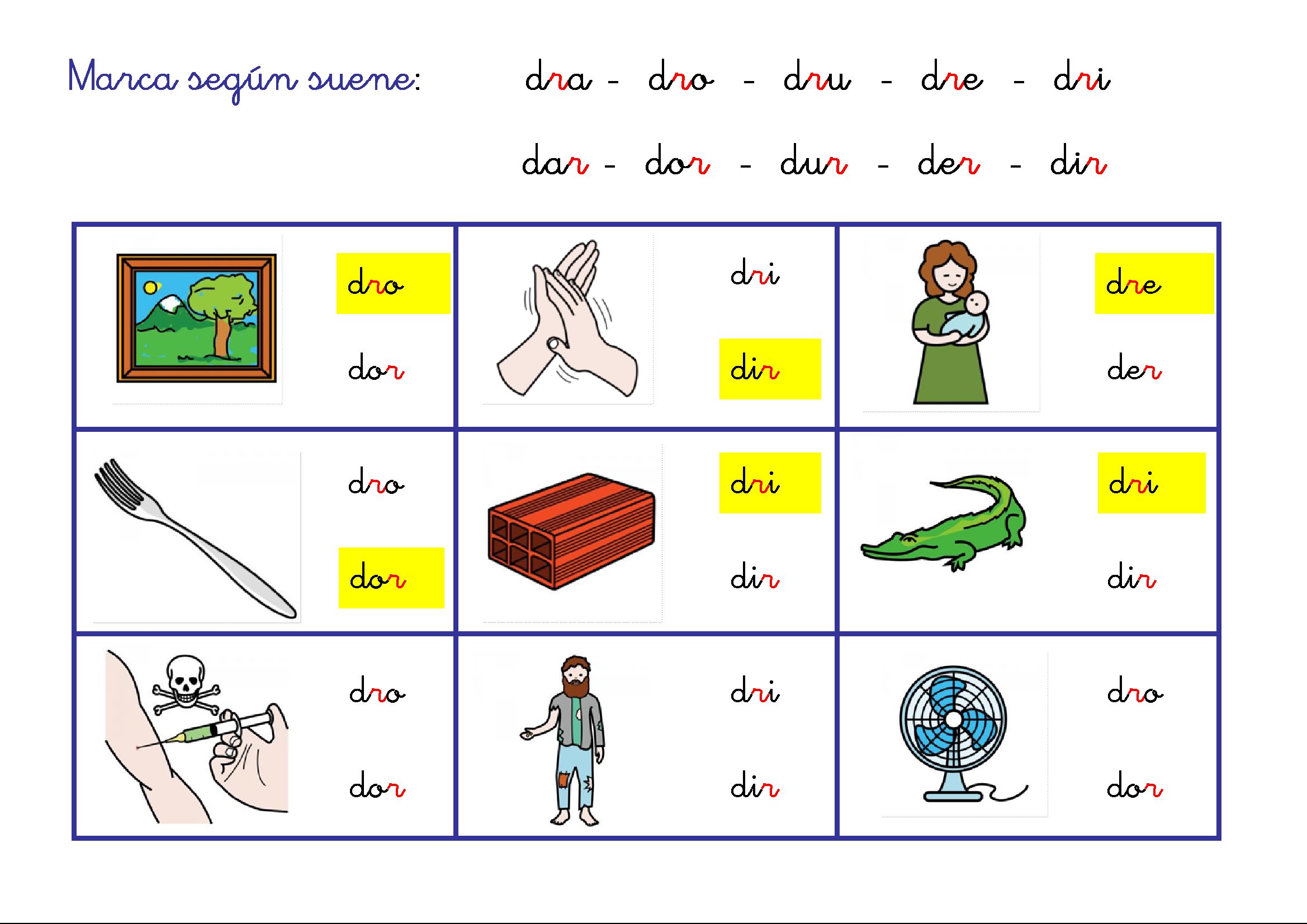 Conciencia silábica: Discriminar sinfones dr/tr, dr/d_r, tr/t_r