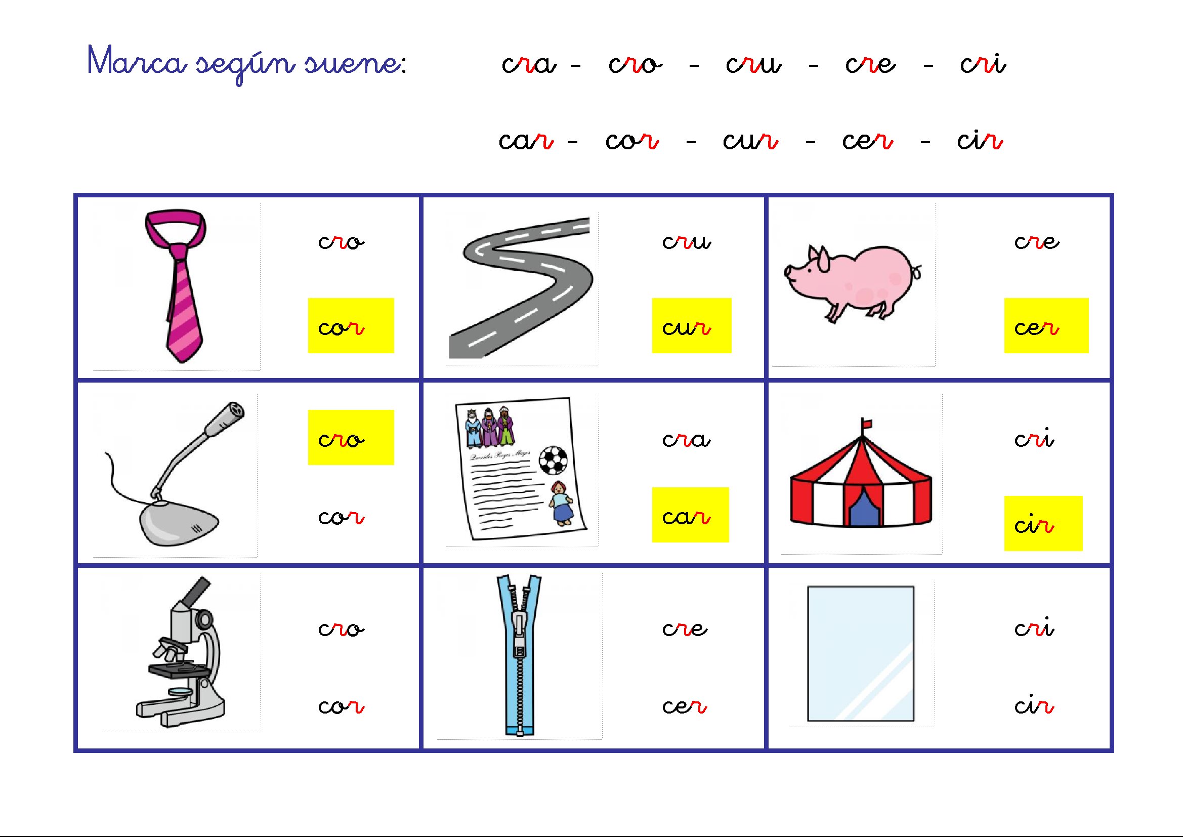 Conciencia fonológica: Discriminar sinfones cl/cr, cl/c_l, cr/c_r