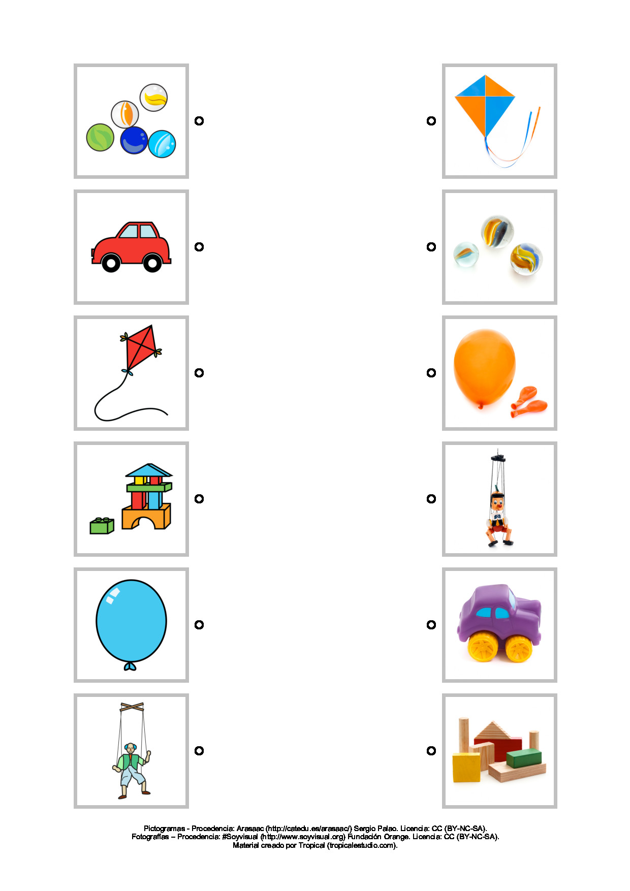 Relacionar pictogramas - fotografías sobre los juguetes.  