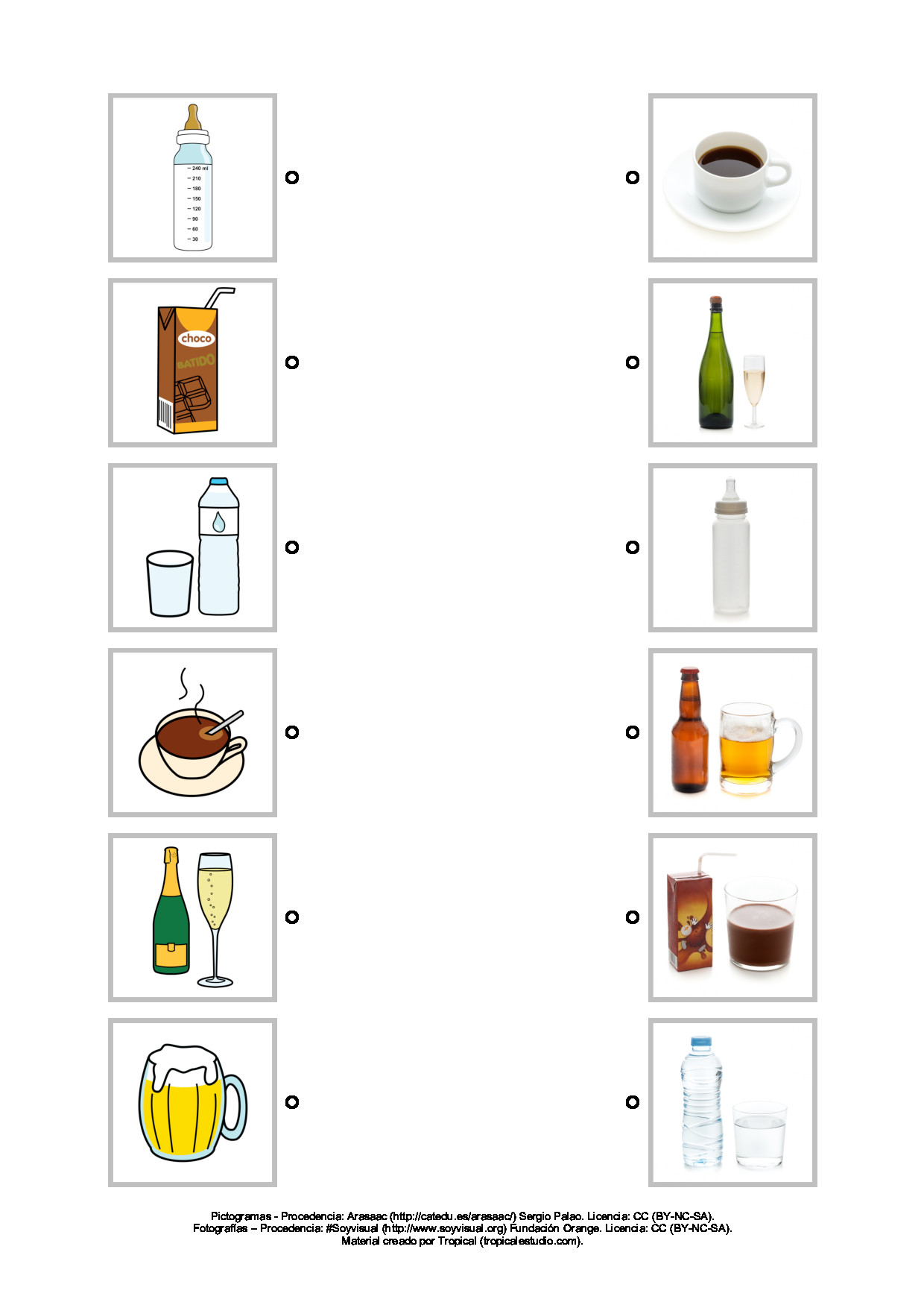 Relacionar pictogramas - fotografías sobre las bebidas.