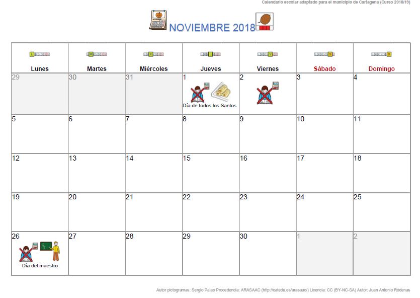 Calendario escolar 2018-19 adaptado con pictogramas