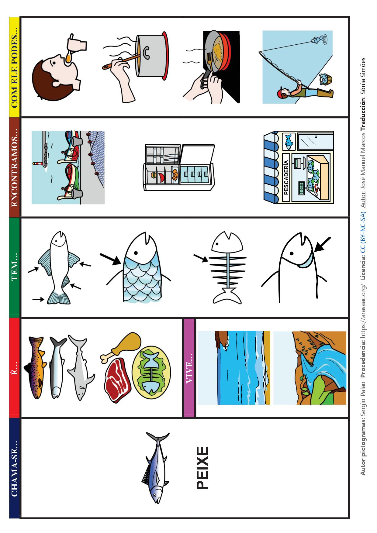 Mapa semântico e livro de comunicação sobre Peixes.