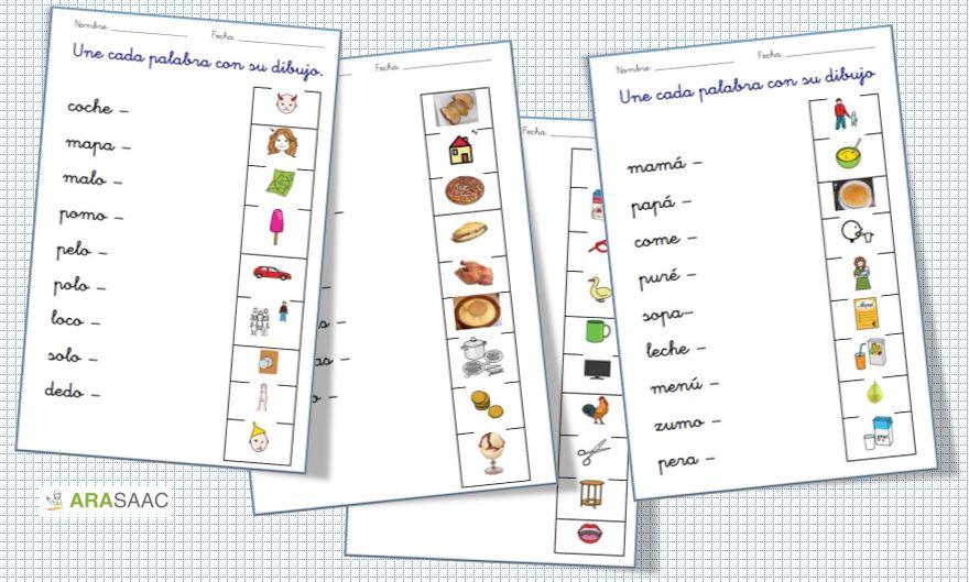 Fichas de ejercicios de lectura de sílabas directas, unir palabras con su pictograma