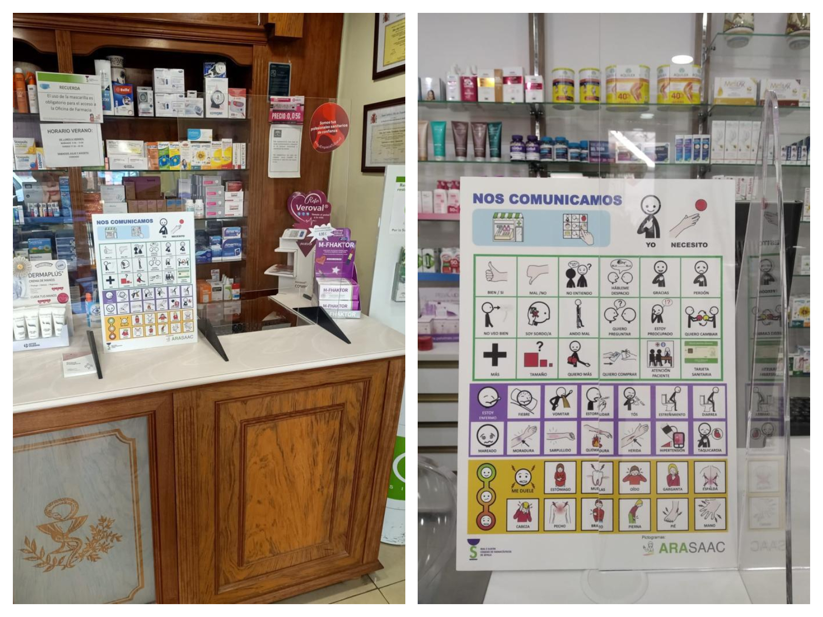 Tablero de comunicación con pictogramas para las farmacias y pictograma para su señalización