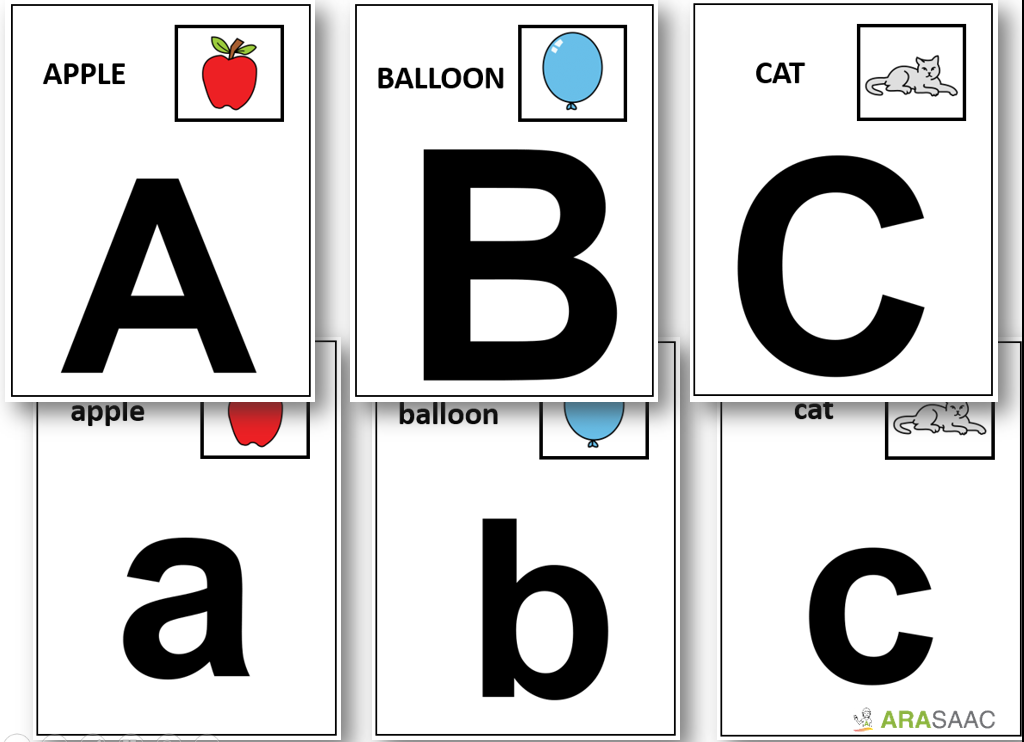 Cards with uppercase, lowercase, letters, and pictograms for creating tactile cards