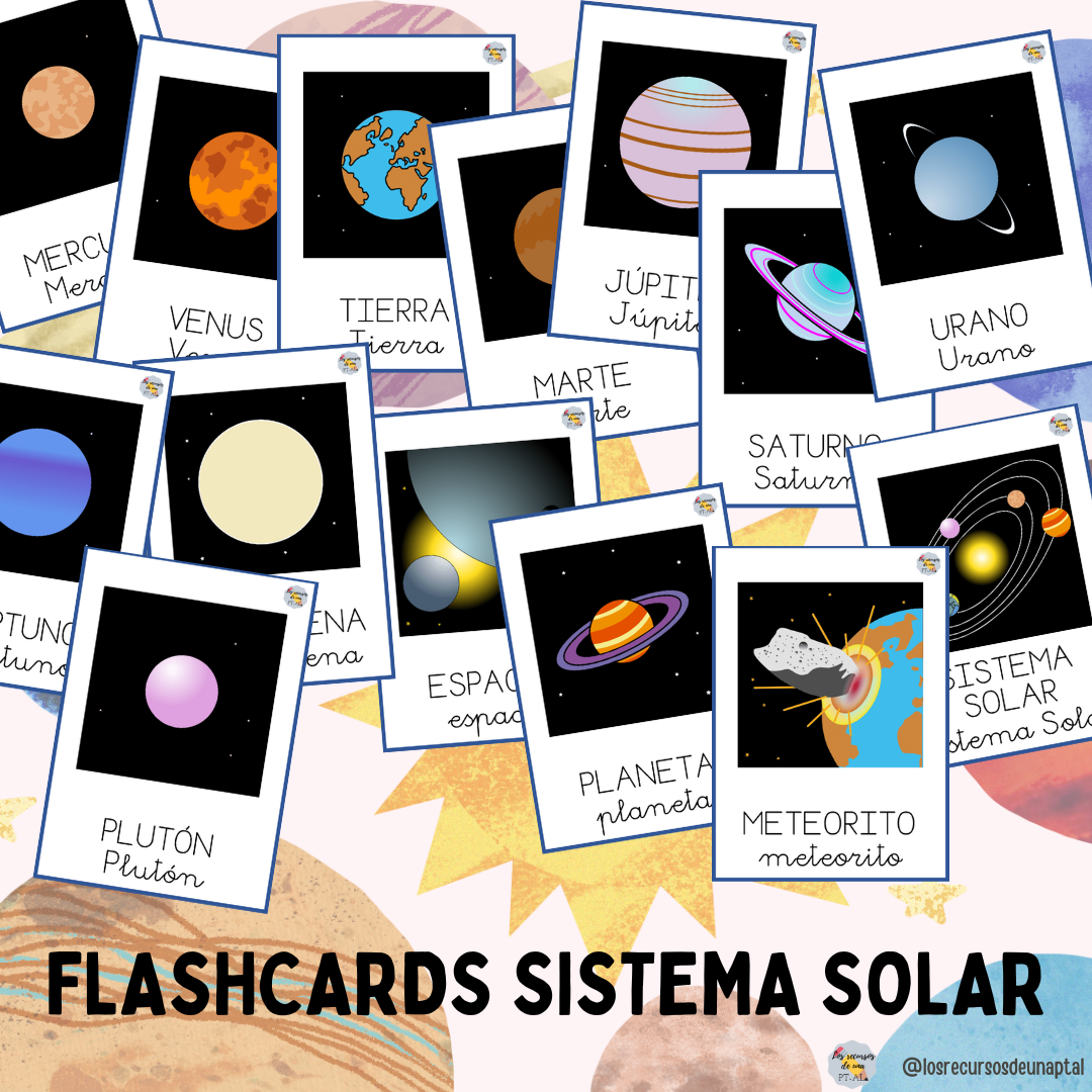 Tarjetas de vocabulario (flashcards) del sistema solar. 