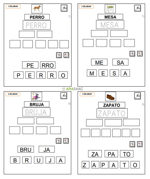 Fichas descomposición palabras: sílabas y letras