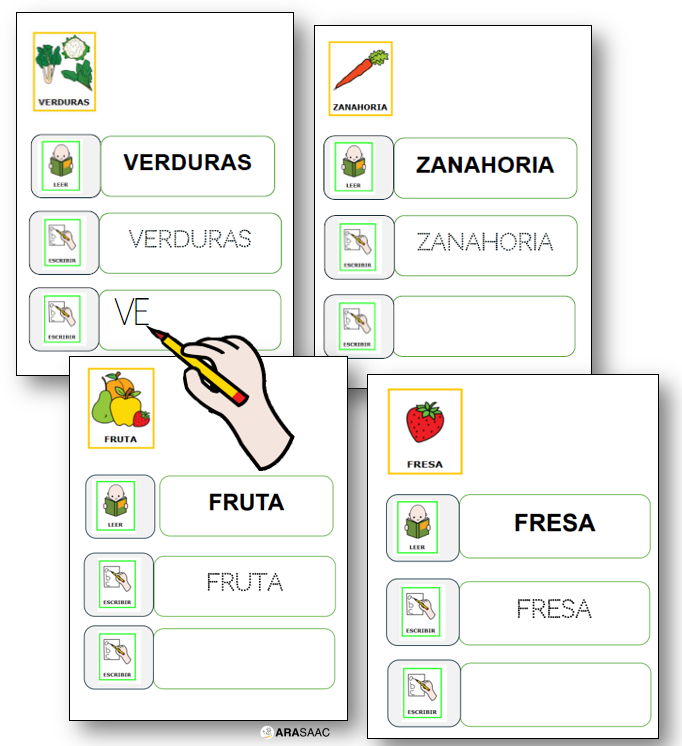 Fichas ejercicios: Aprendemos frutas, verduras y animales. 
