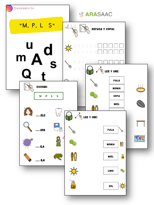 Fichas de ejerccios de las letras: "P, M, S Y L "