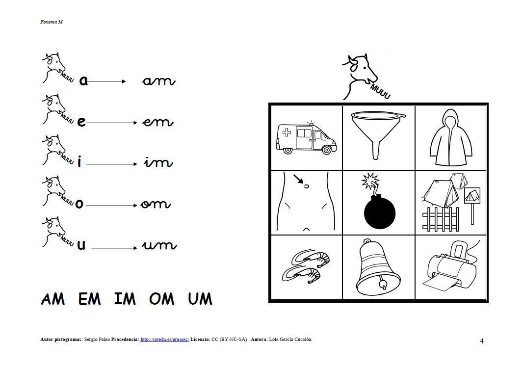 Actividades para trabajar el fonema m en posición inicial, media e inversa